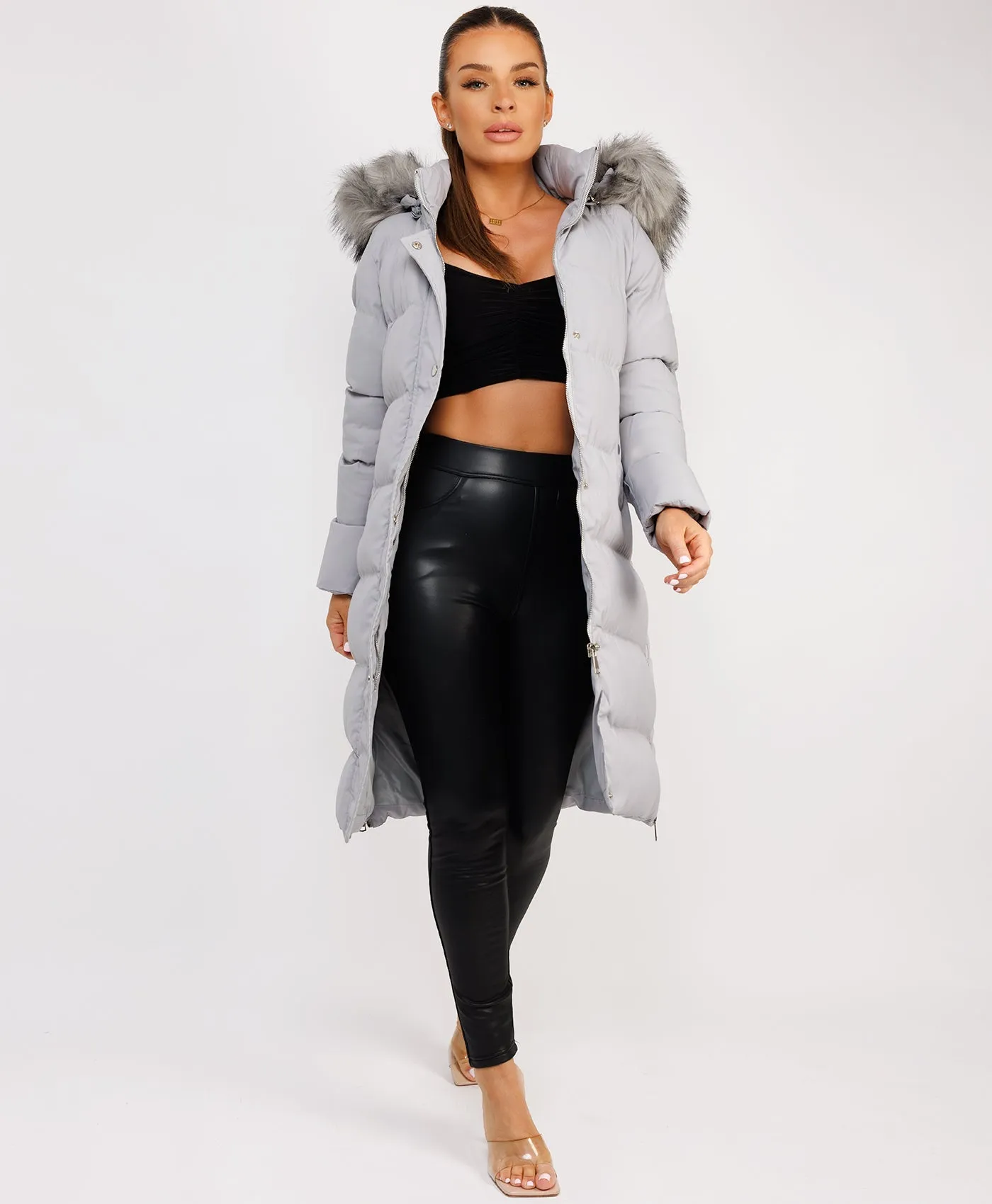 Grey Maxi Faux Fur Hood Padded Puffer Jacket