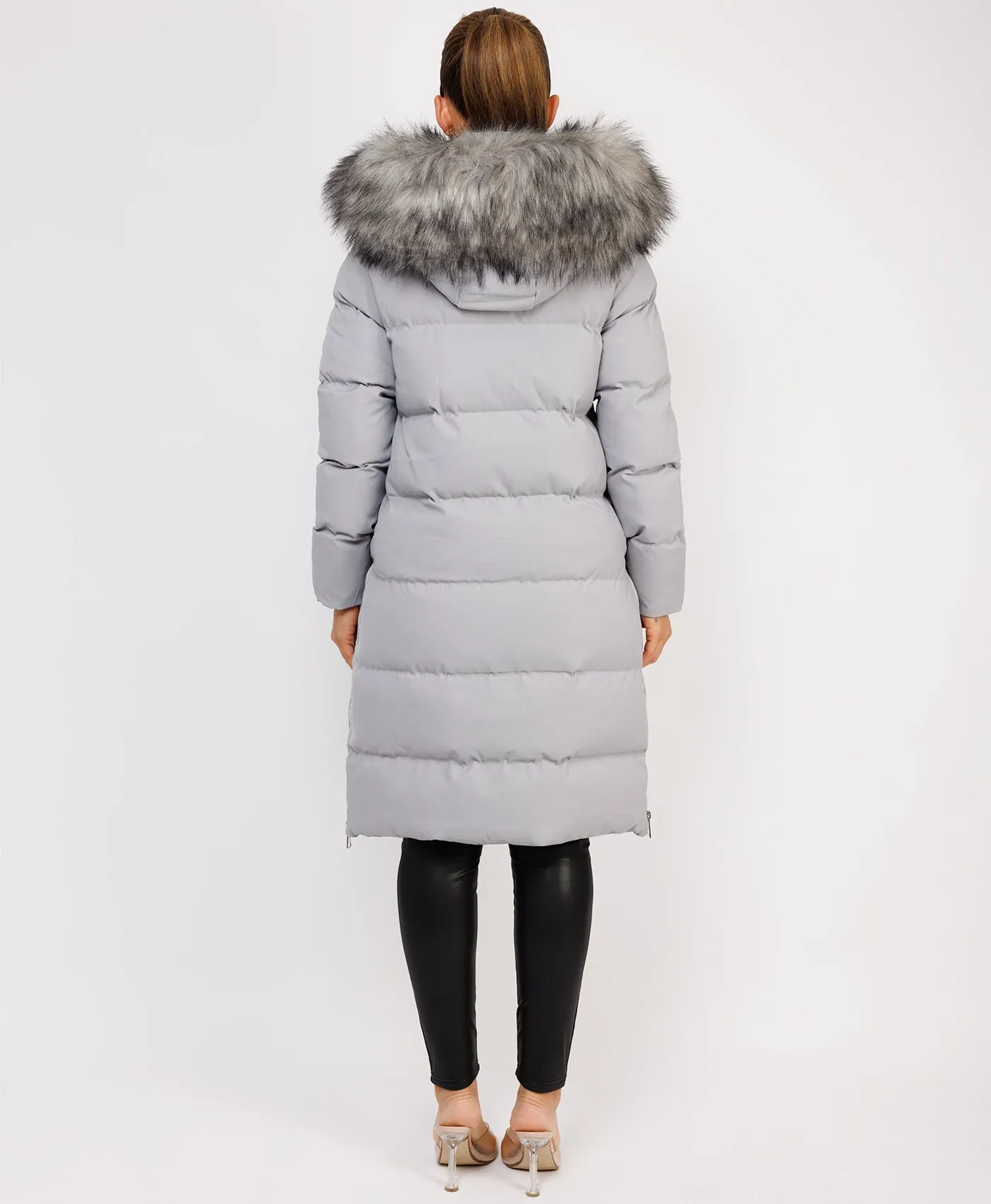 Grey Maxi Faux Fur Hood Padded Puffer Jacket