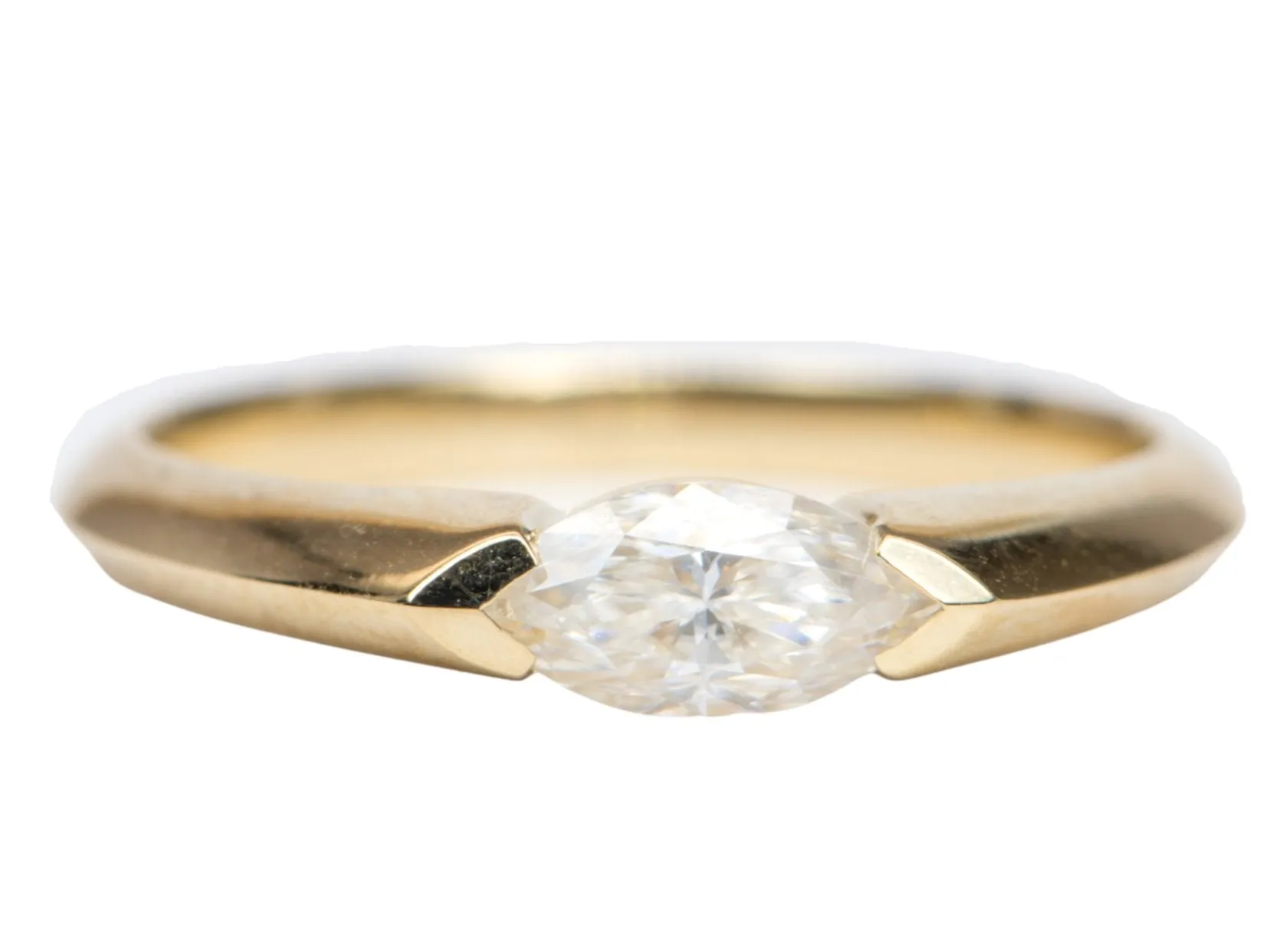 Half Carat Marquise Moissanite Half Bezel Set Band 14K Yellow Gold Engagement Ring R6251