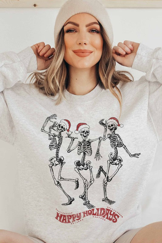 HAPPY HOLIDAYS SKELETON DANCE GRAPHIC SWEATSHIRT