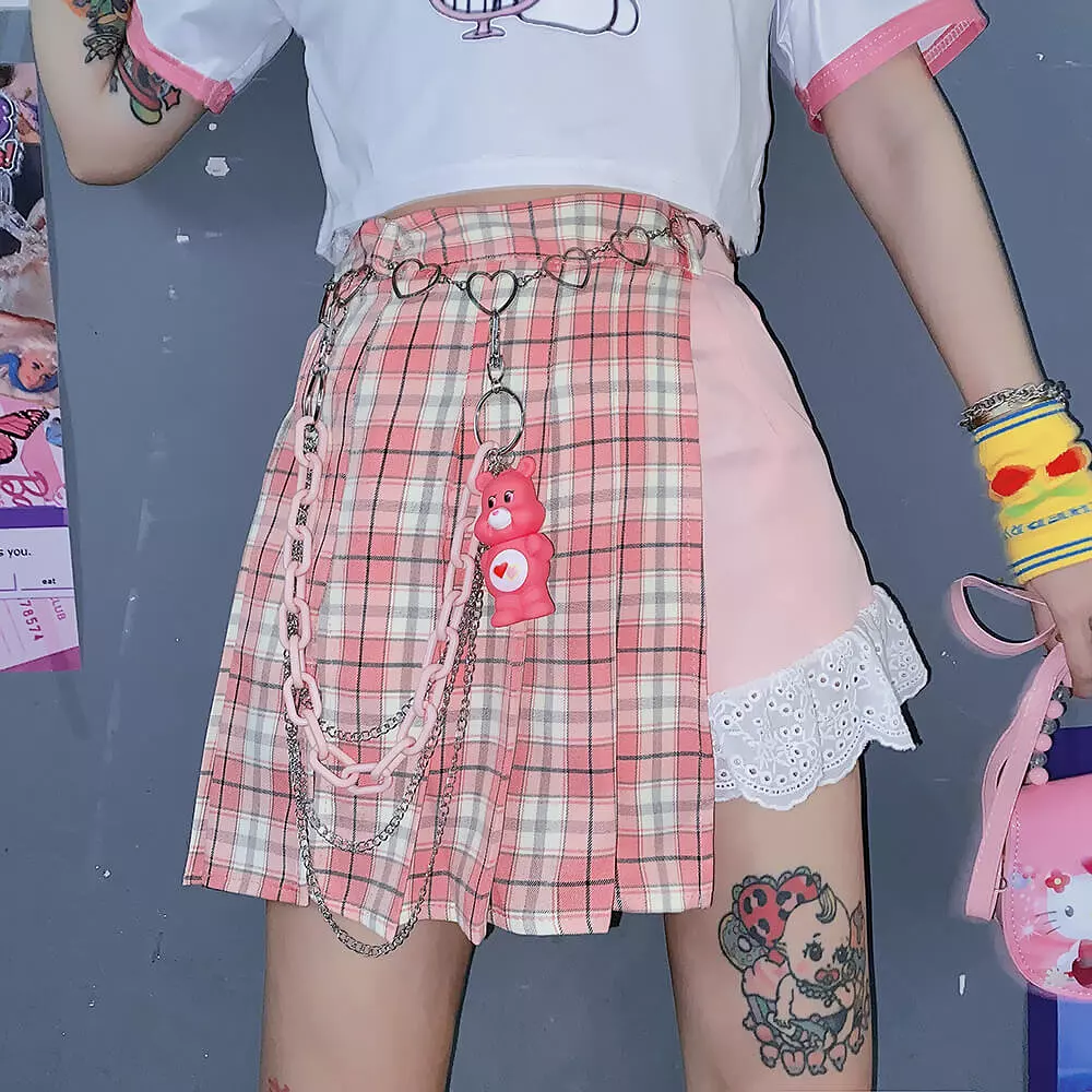 HARAJUKU SWEET SOFT PASTEL PINK PLAID STITCHING SKIRT BY00723