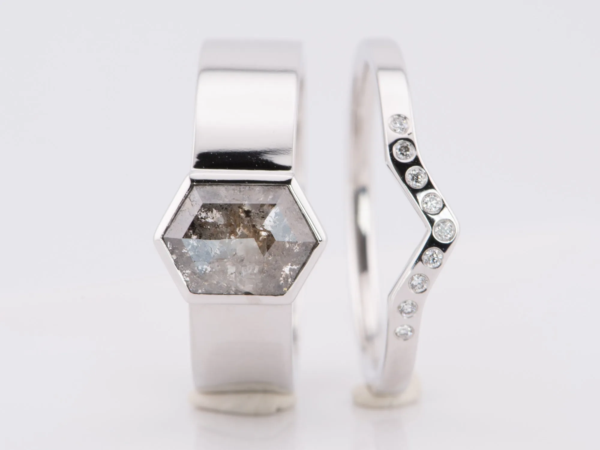 Hexagon Salt and Pepper Diamond Bridal Set 14K White Gold R6599