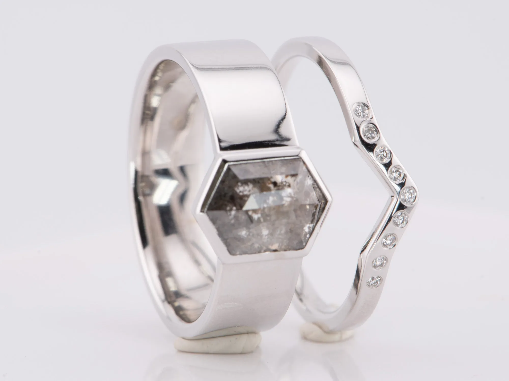 Hexagon Salt and Pepper Diamond Bridal Set 14K White Gold R6599