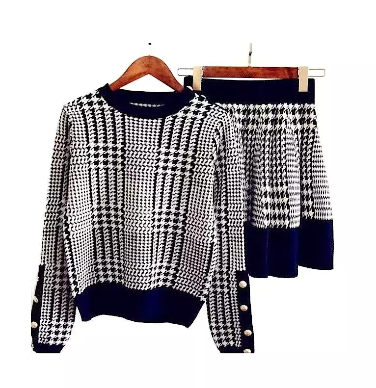 Houndstooth Knitted Long Sleeve Top and Elastic Waist Skirt Two Piece Set