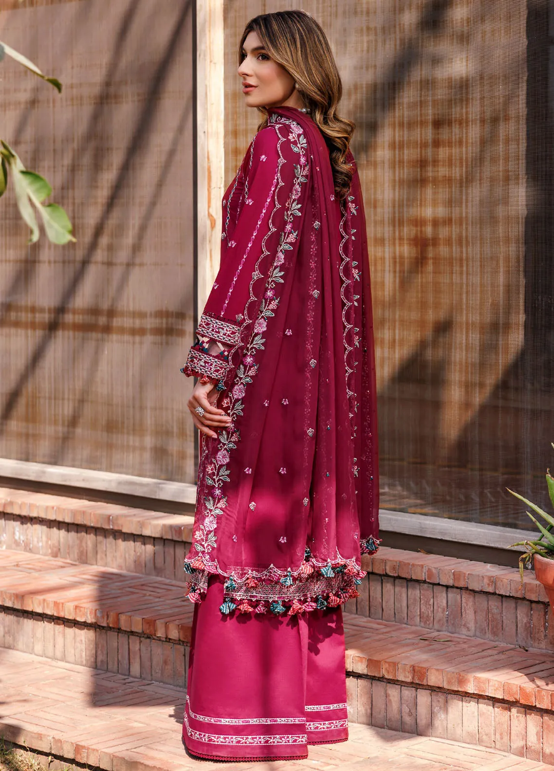 Kaavish By Farasha Eid Festive Embroidered Lawn 3 Piece Unstitched Suit FSH24KEFL D-01 GARNET GLAM