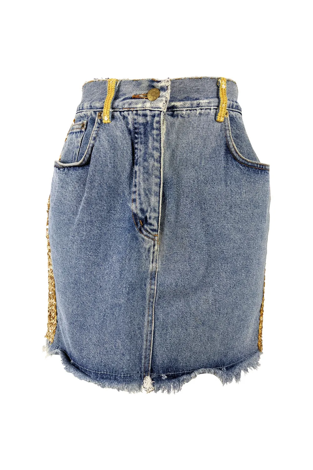 Katharine Hamnett Vintage Blue Denim & Gold Sequin Skirt, 1980s