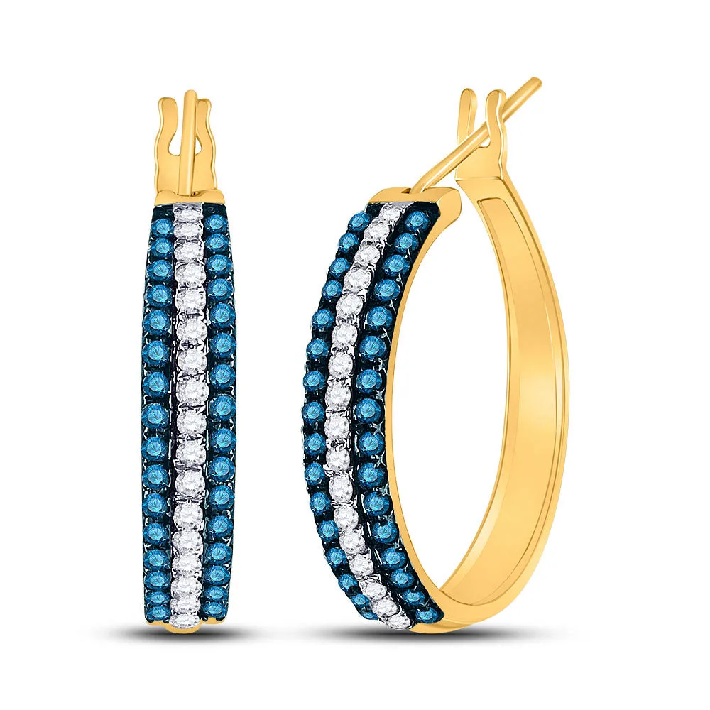 Keene Jewelers 10kt Yellow Gold Womens Round Blue Color Enhanced Diamond Hoop Earrings 1 Cttw