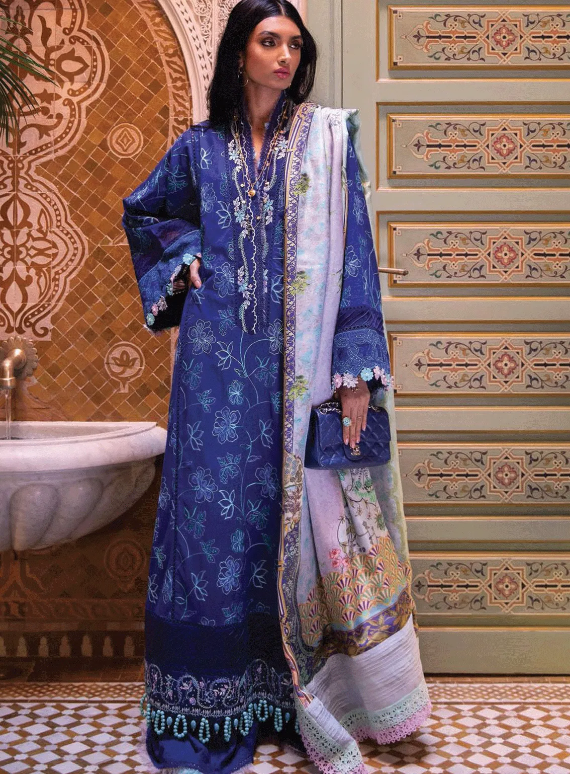 Kesh By Farah Talib Aziz Embroidered Lawn Unstitched 3 Piece Suit - FTA23KL FTA-11 JARDIN BLUE