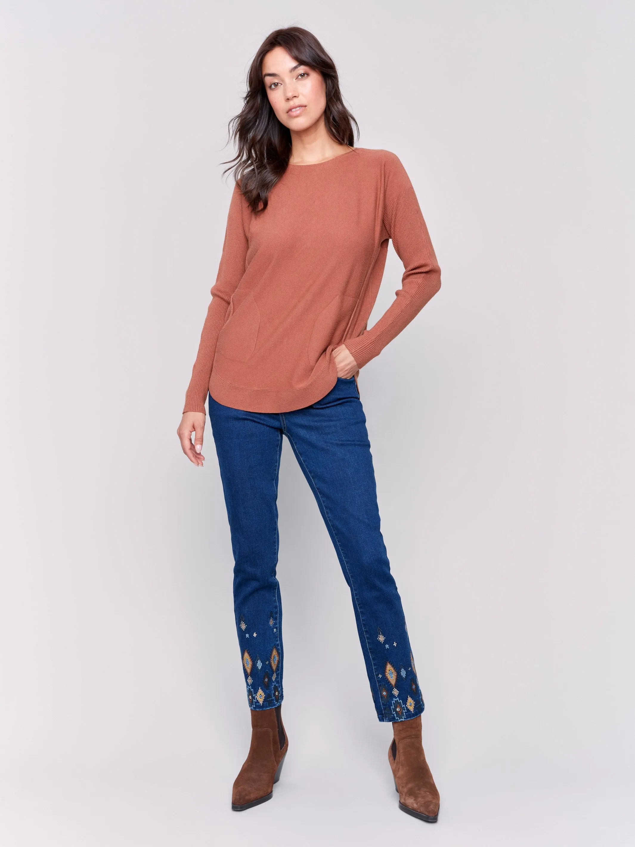 Knit Sweater with Back Detail Lace-Up - Terracotta