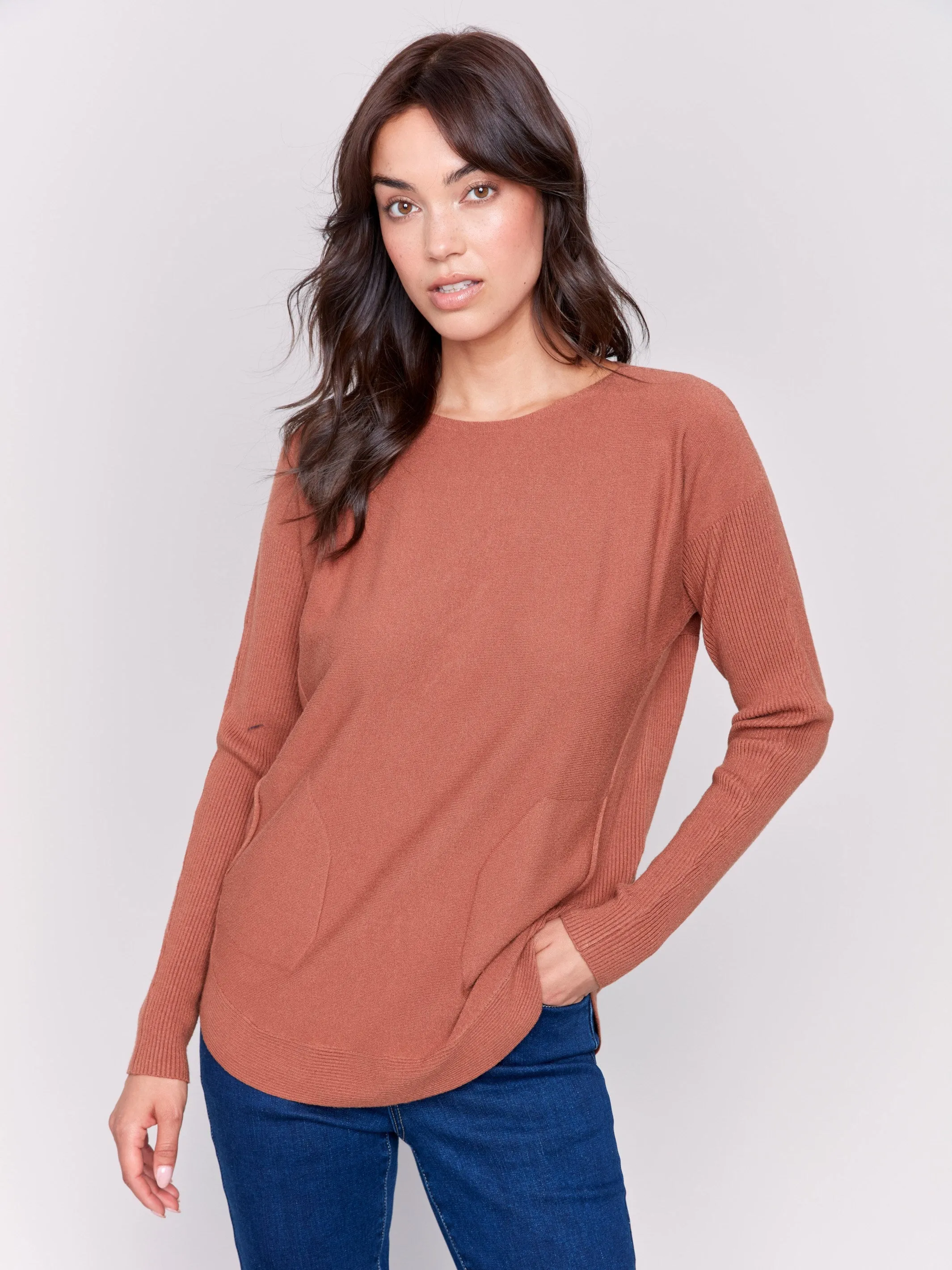 Knit Sweater with Back Detail Lace-Up - Terracotta