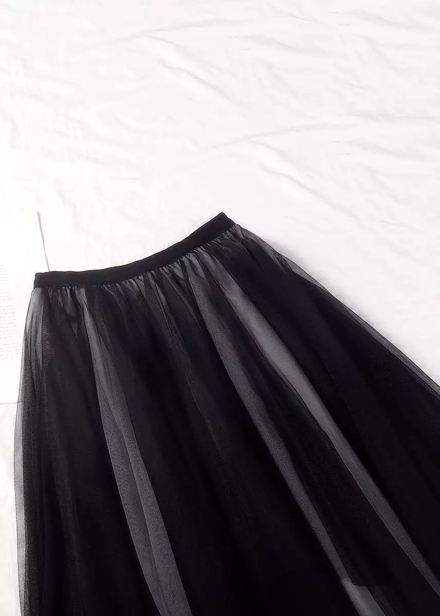 Loose Black Grey Asymmetrical Wrinkled Tulle Skirts Summer AS1061