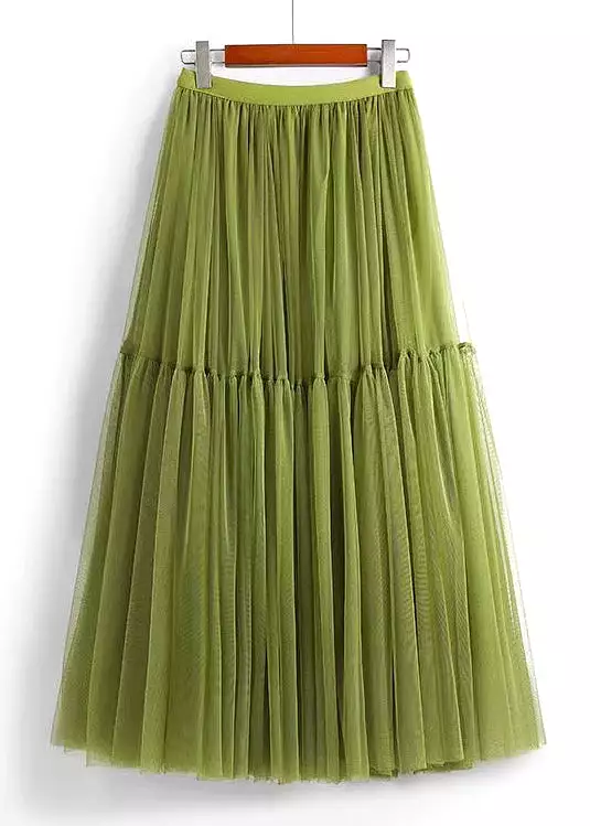 Loose Green Wrinkled Elastic Waist Tulle Skirts Summer AS1039