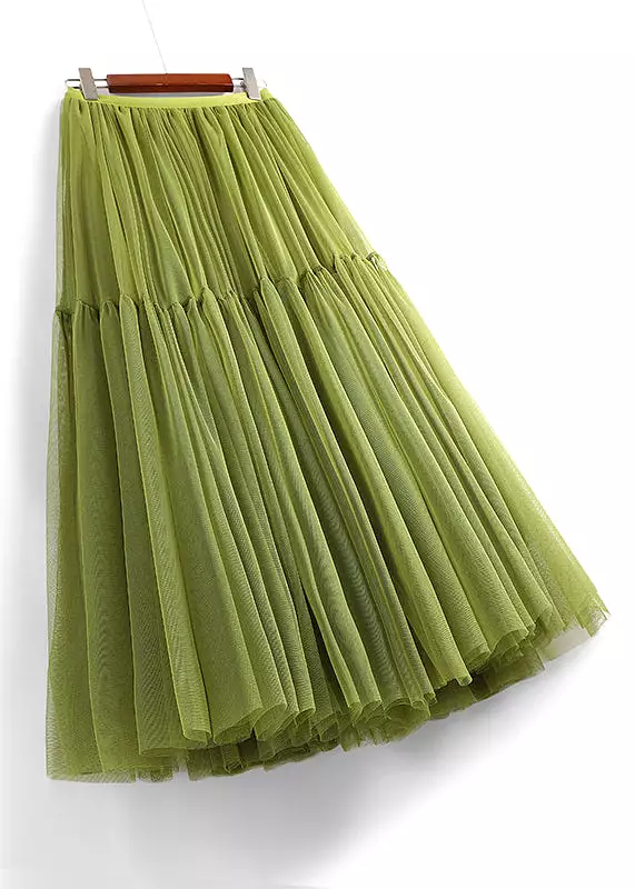 Loose Green Wrinkled Elastic Waist Tulle Skirts Summer AS1039