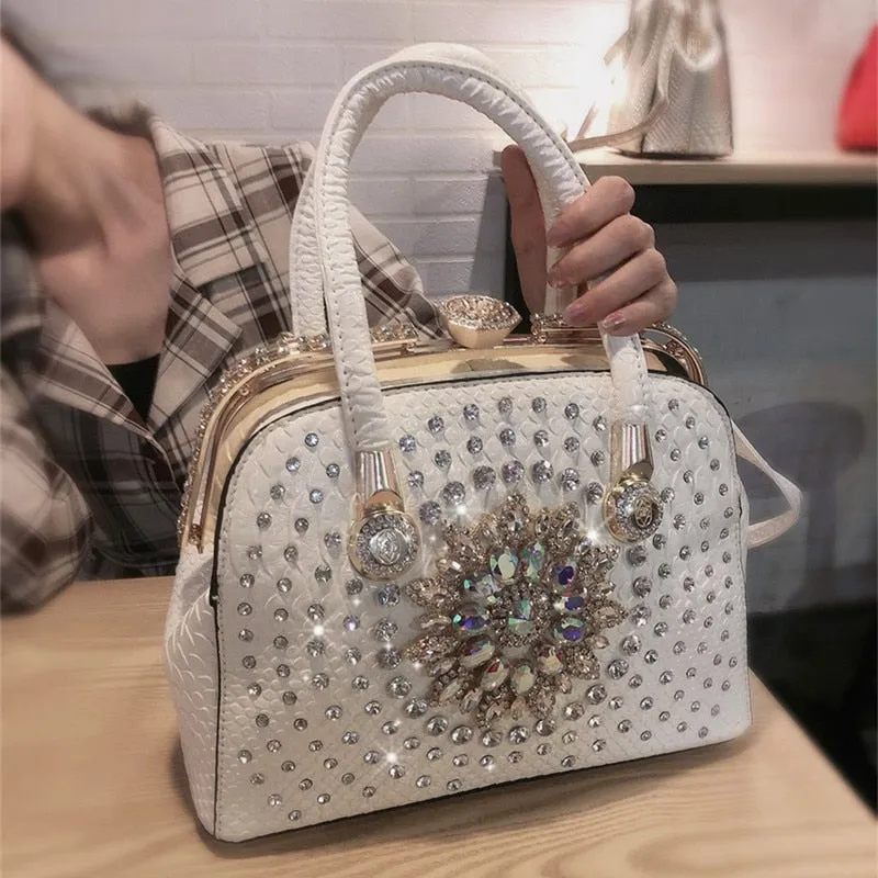 Luxury Fashion Leather Women Diamond Rhinestone Evening Bag Portable Shoulder Messenger Handbags