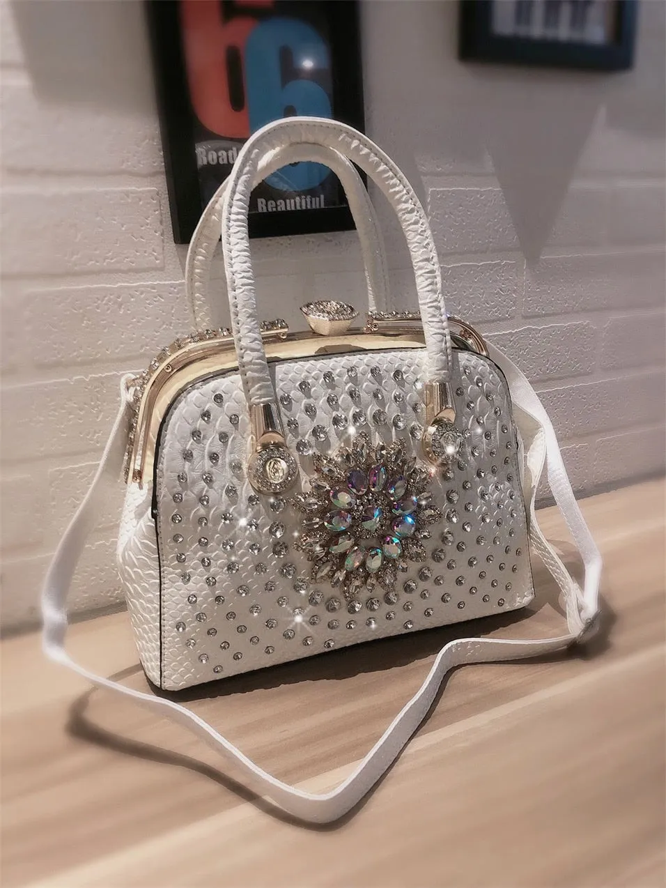 Luxury Fashion Leather Women Diamond Rhinestone Evening Bag Portable Shoulder Messenger Handbags