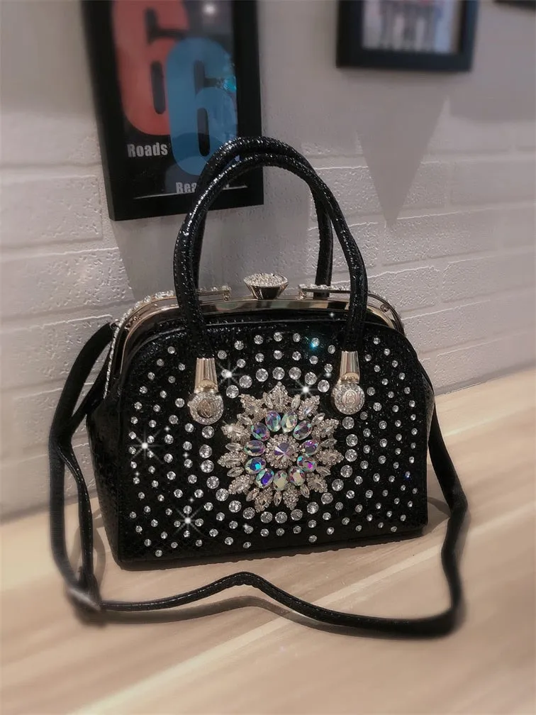 Luxury Fashion Leather Women Diamond Rhinestone Evening Bag Portable Shoulder Messenger Handbags