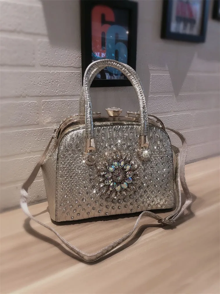 Luxury Fashion Leather Women Diamond Rhinestone Evening Bag Portable Shoulder Messenger Handbags