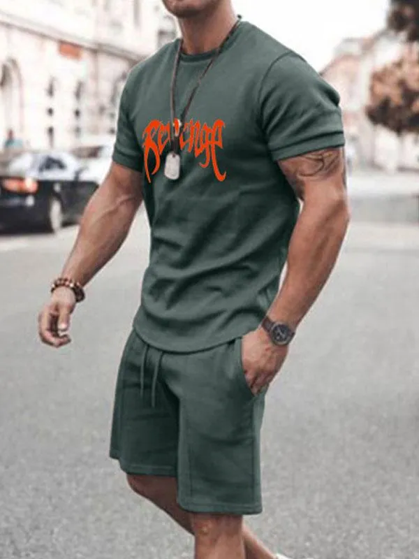 Men's Activewear 2-Piece Printed Short Sleeves Jewel Neck Green