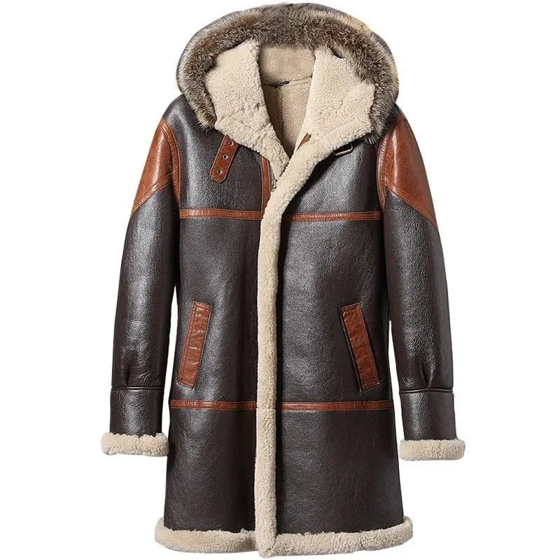 Mens Hooded Shearling Leather Long Coat