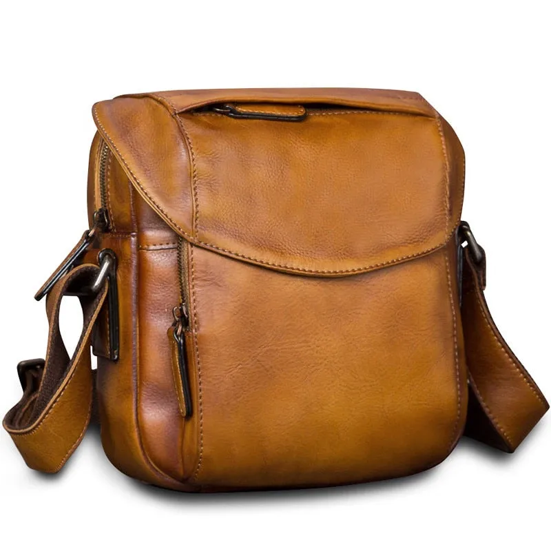 Men's Retro Handmade Soft First Layer Cowhide Leather Small Messenger Bag