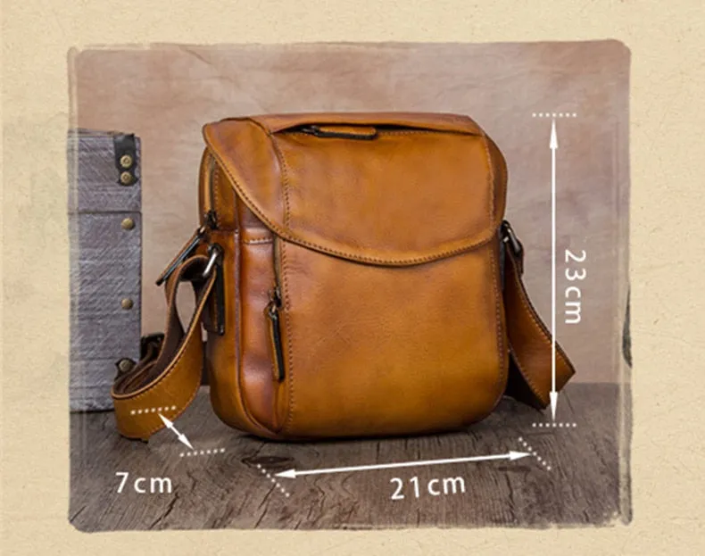 Men's Retro Handmade Soft First Layer Cowhide Leather Small Messenger Bag