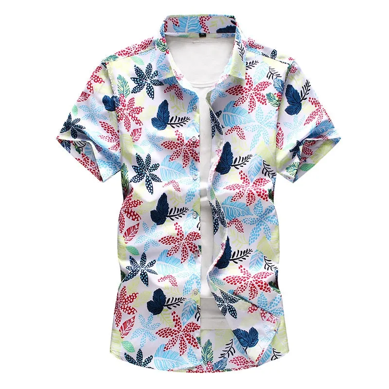 Men's Summer White Floral Printed Short Sleeve Slim Fit Beachwear Shirt