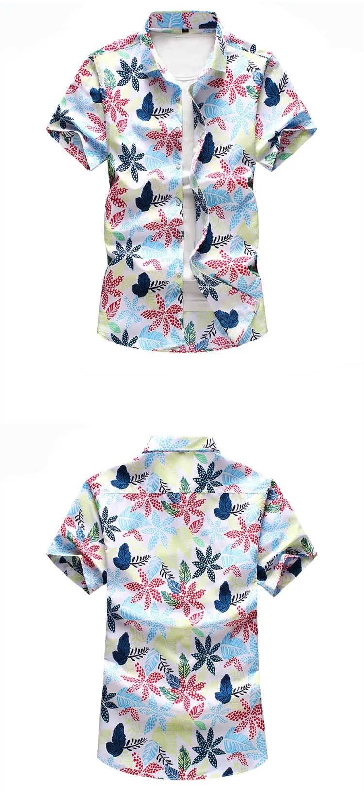 Men's Summer White Floral Printed Short Sleeve Slim Fit Beachwear Shirt