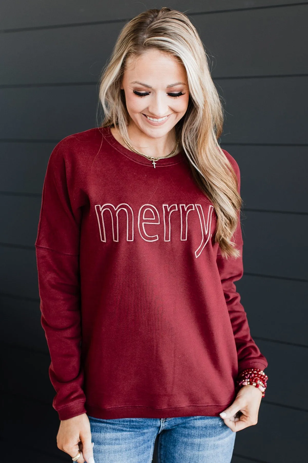 Merry Embroidered Crew Neck Pullover- Wine