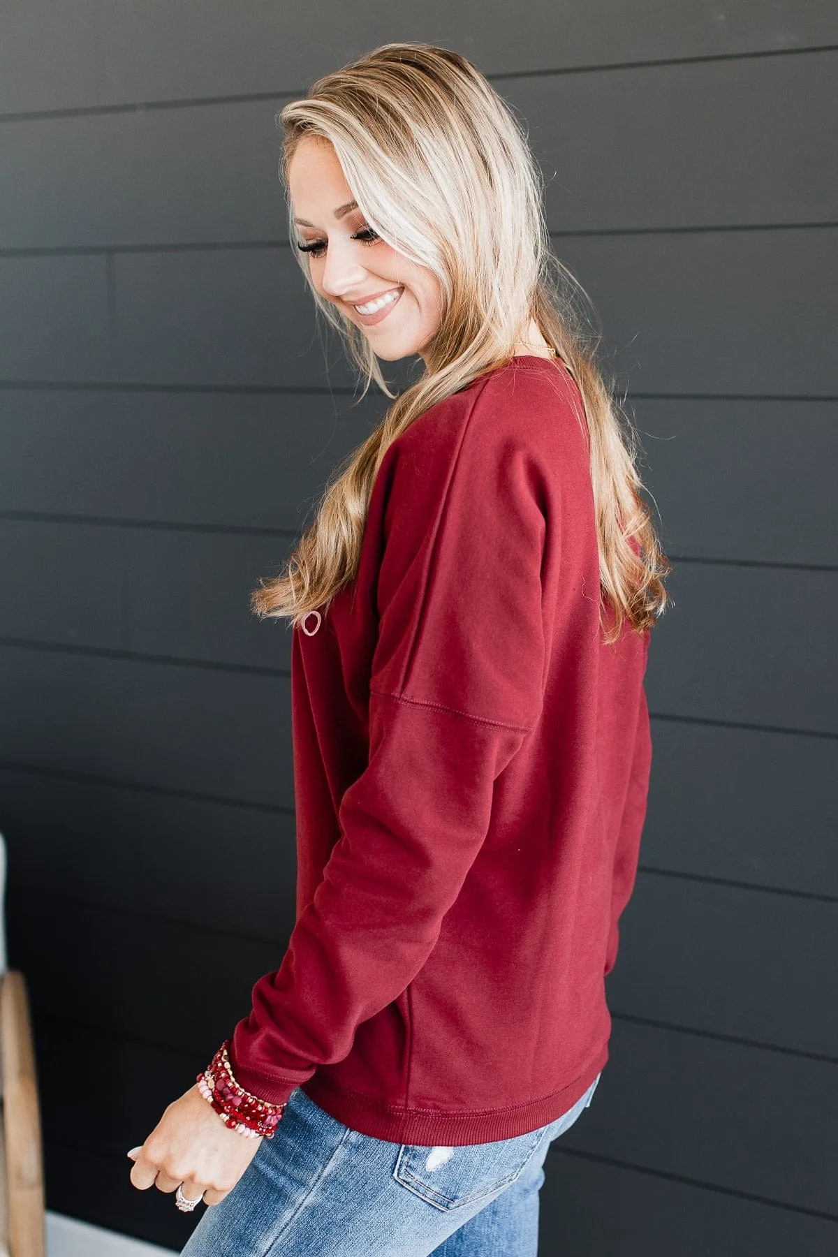 Merry Embroidered Crew Neck Pullover- Wine