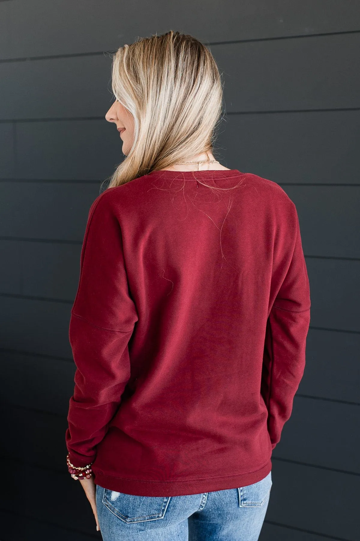 Merry Embroidered Crew Neck Pullover- Wine