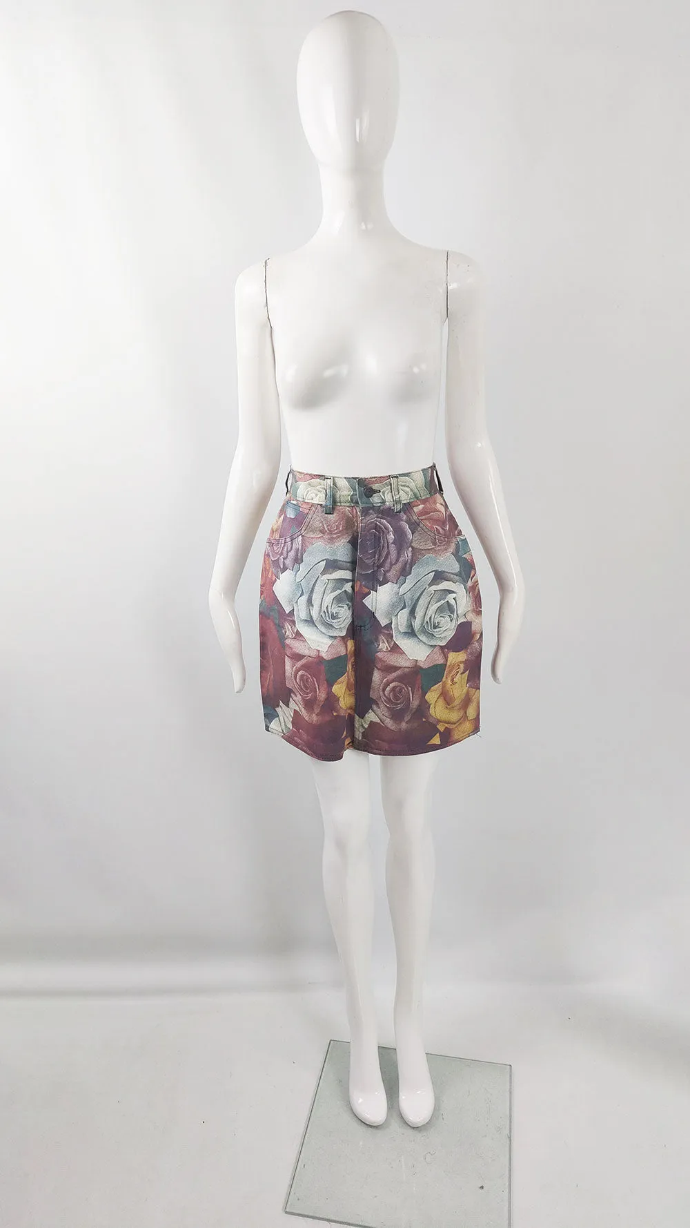 Modzart Vintage Denim Floral Rose Digital Print Skirt, 1980s