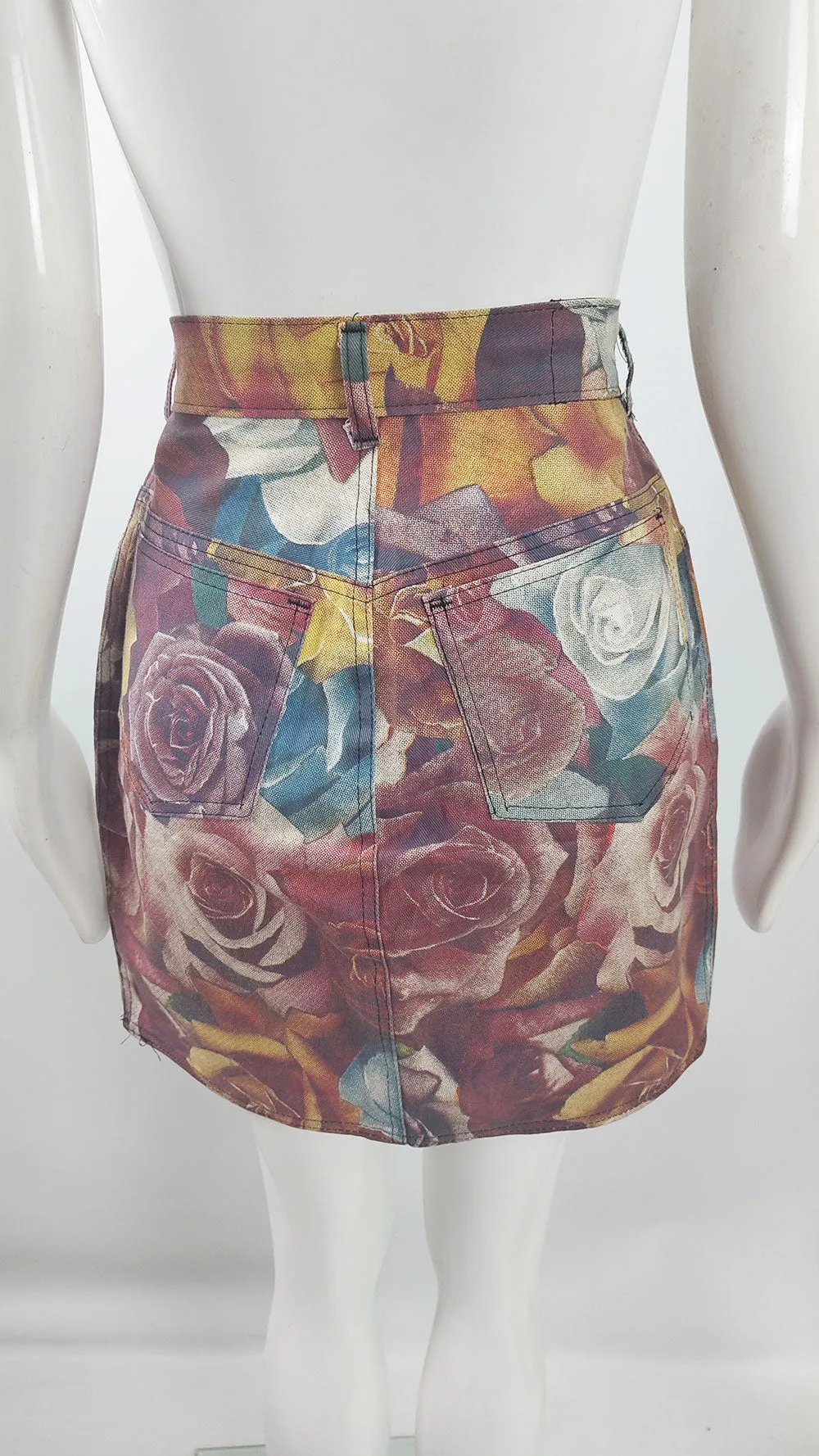 Modzart Vintage Denim Floral Rose Digital Print Skirt, 1980s