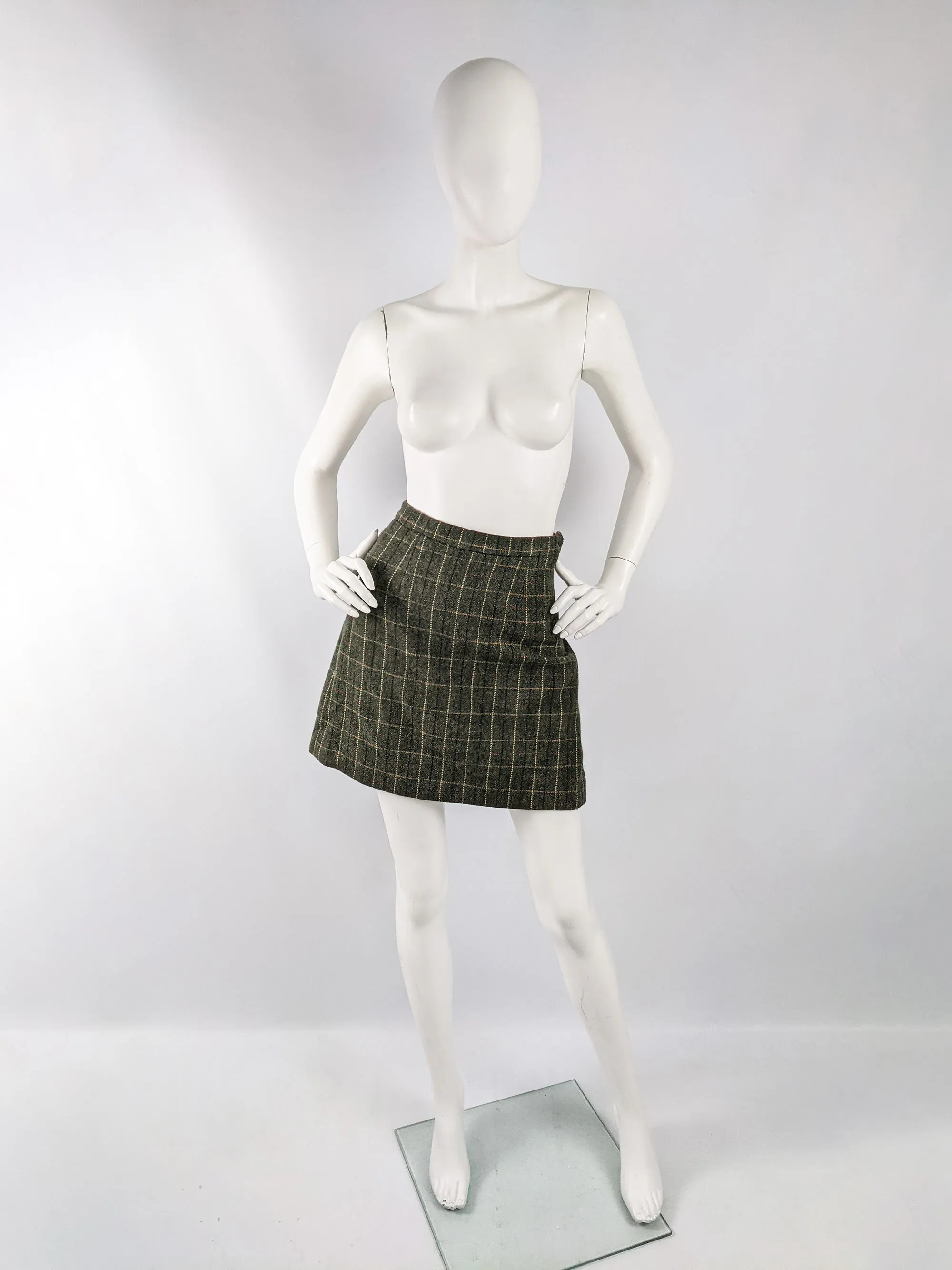 Moschino Vintage Green Wool Pleated Bow Mini Skirt, 1990s