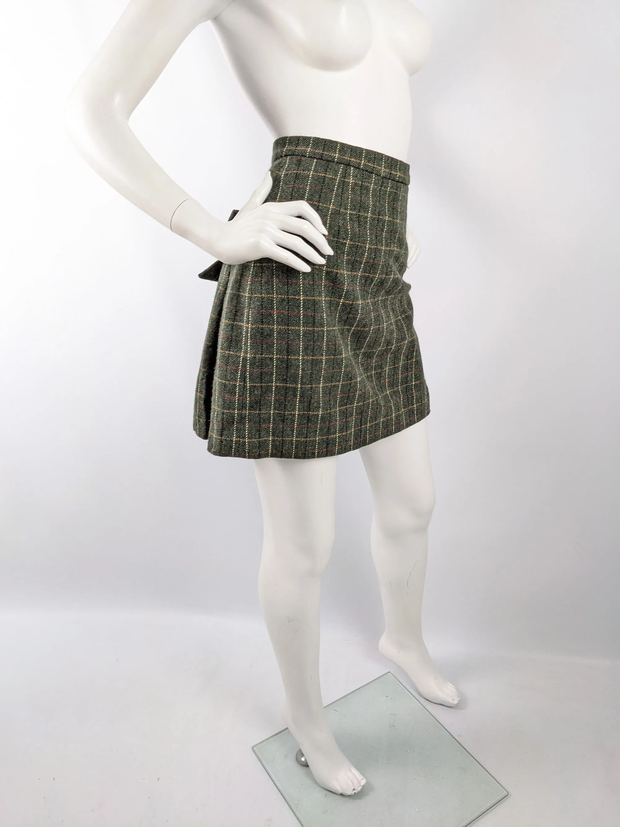 Moschino Vintage Green Wool Pleated Bow Mini Skirt, 1990s