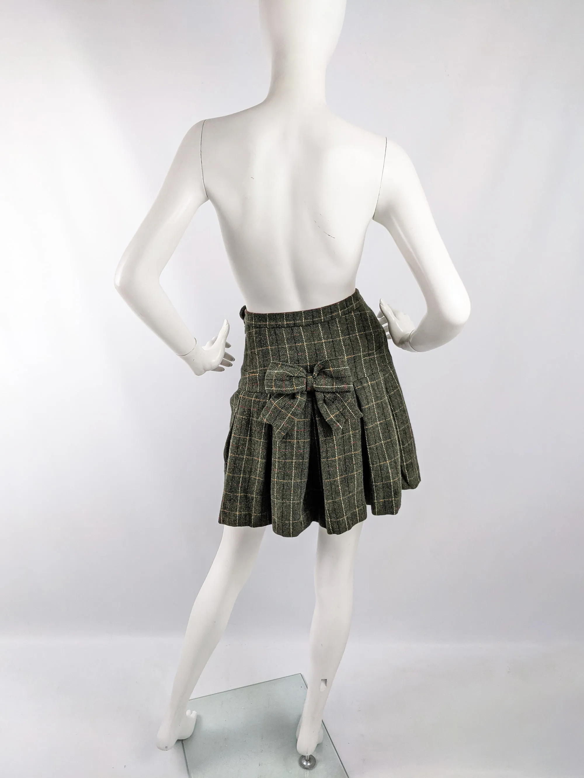 Moschino Vintage Green Wool Pleated Bow Mini Skirt, 1990s