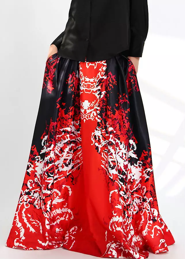 New Red Print Pockets High Waist Silk Skirts Spring AS1051