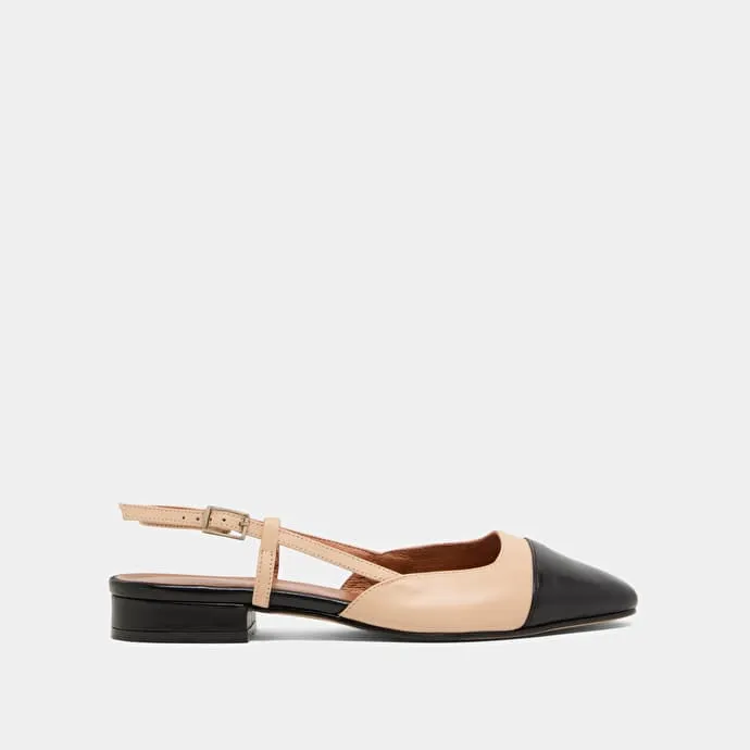 Open back ballet flats in black and beige