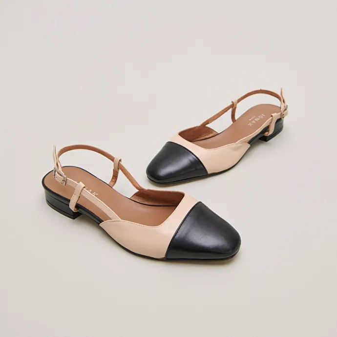 Open back ballet flats in black and beige