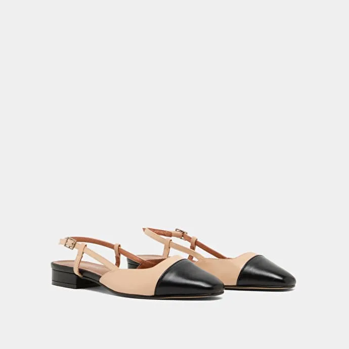 Open back ballet flats in black and beige