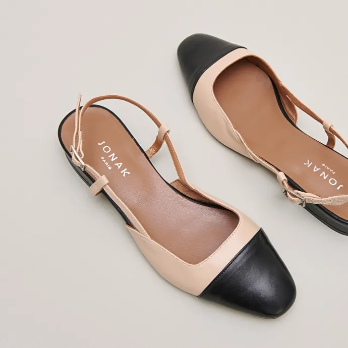 Open back ballet flats in black and beige