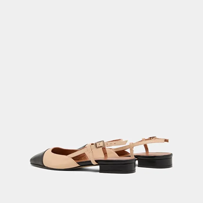 Open back ballet flats in black and beige