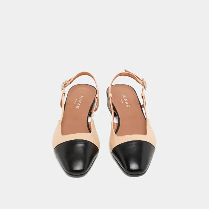 Open back ballet flats in black and beige