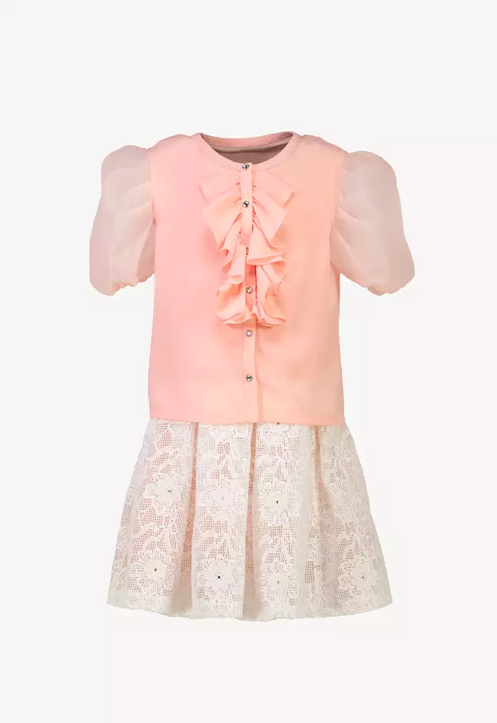 Organza Ruffle Puff Blouse And Pleated Lace Skirts Set