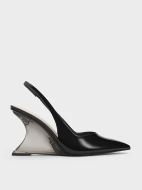 Patent Sculptural Slingback Wedges - Black Patent