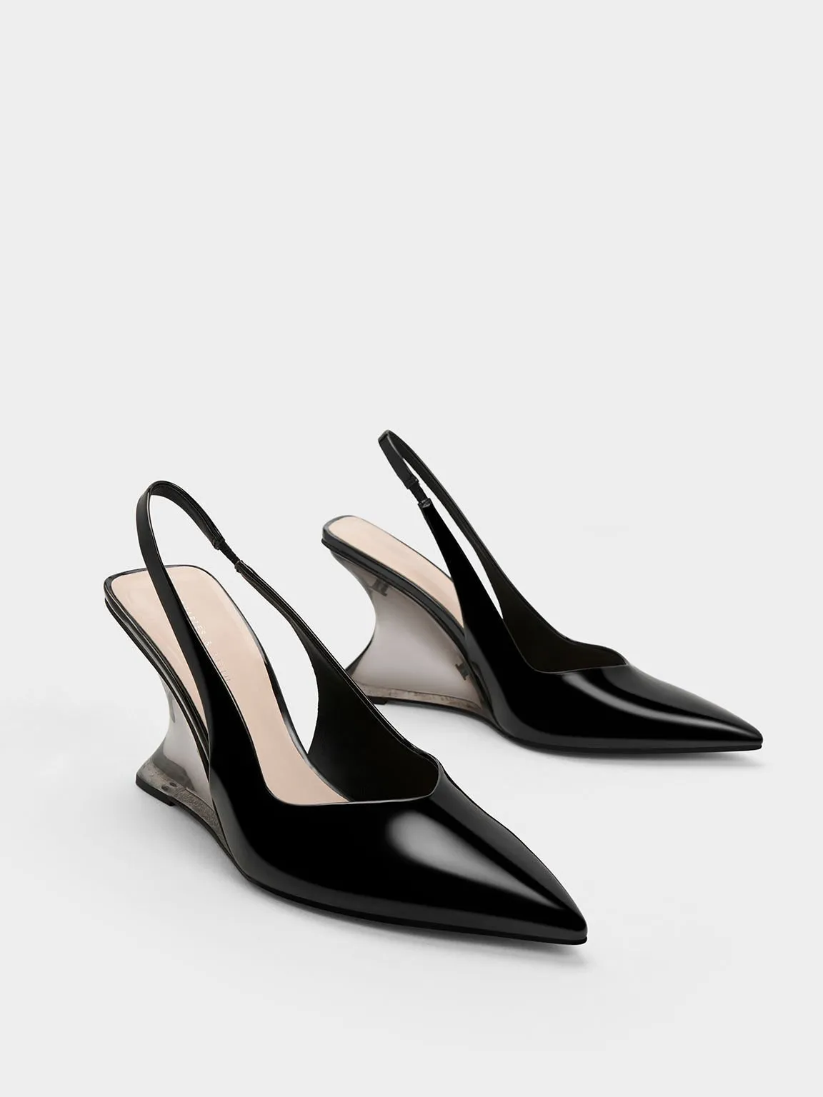 Patent Sculptural Slingback Wedges - Black Patent