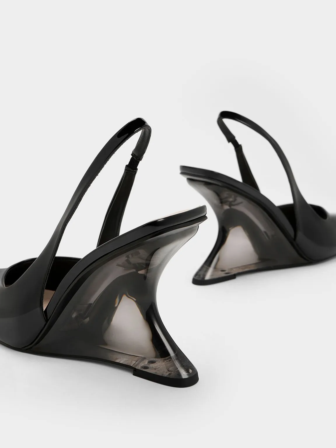 Patent Sculptural Slingback Wedges - Black Patent