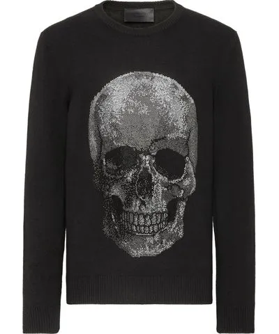 Philipp Plein Cashmere Pullover Round Neck LS Iconic Plein with Crystals