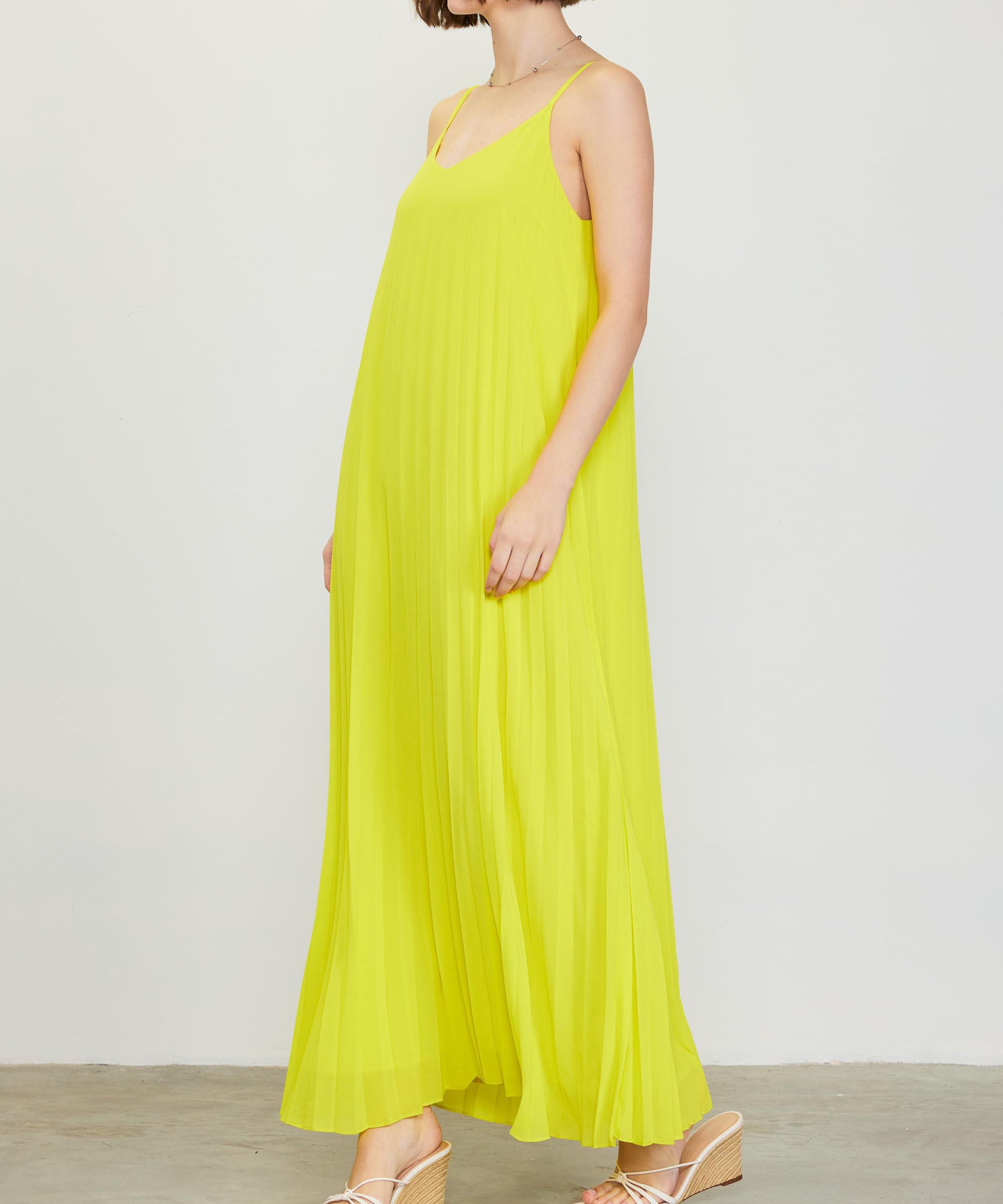 Pleated Maxi Dress - Lime Yellow