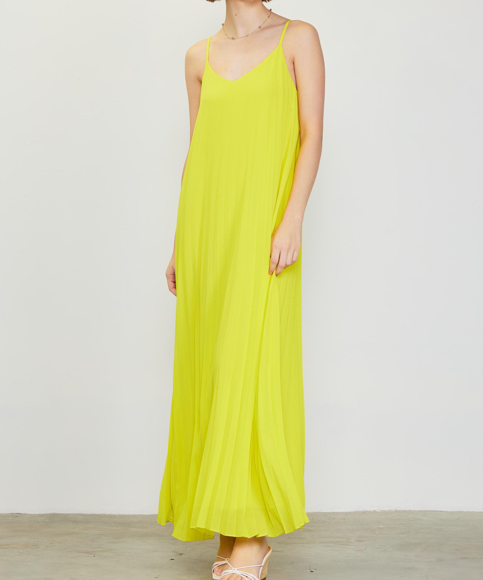 Pleated Maxi Dress - Lime Yellow