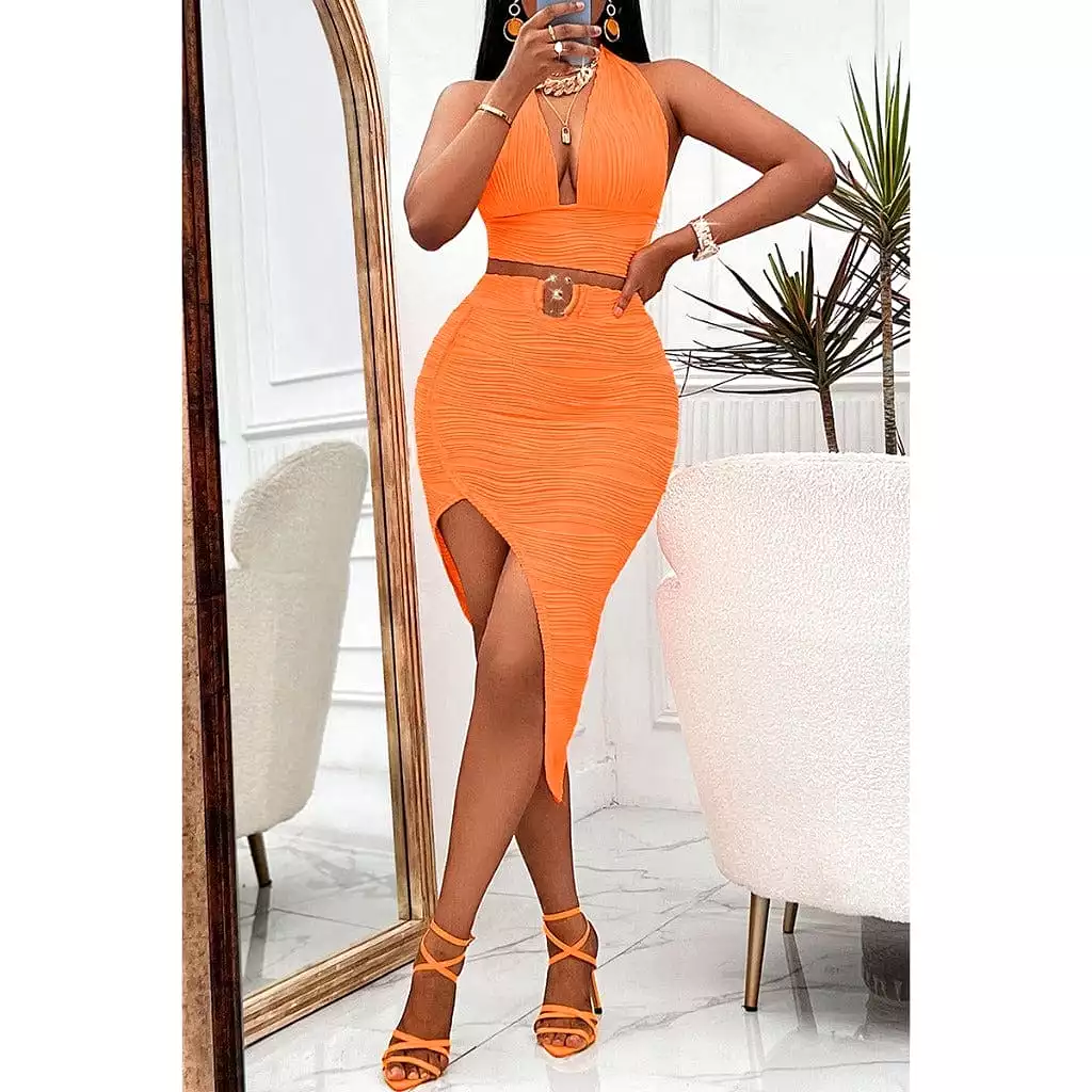 Plunging Samera Ring Out Skirt Set -Orange